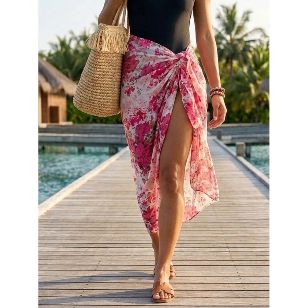 J. Francis Oversized Floral Sarong Wrap Sheer Pink Beach Coverup 42x66